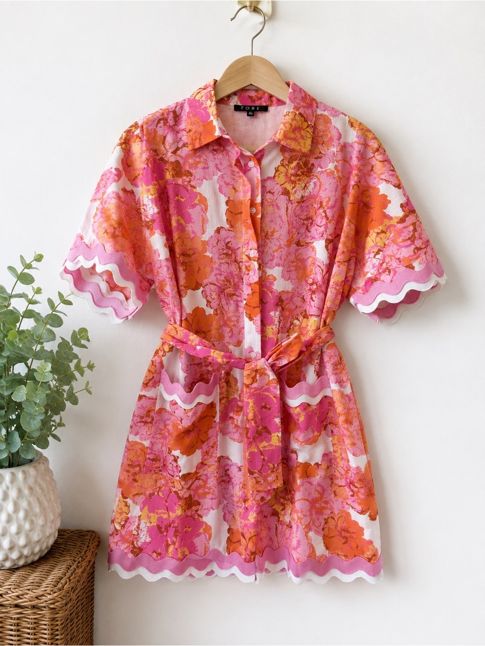 FORE Floral Tie-Waist Shirt Dress in Pink & Orange
